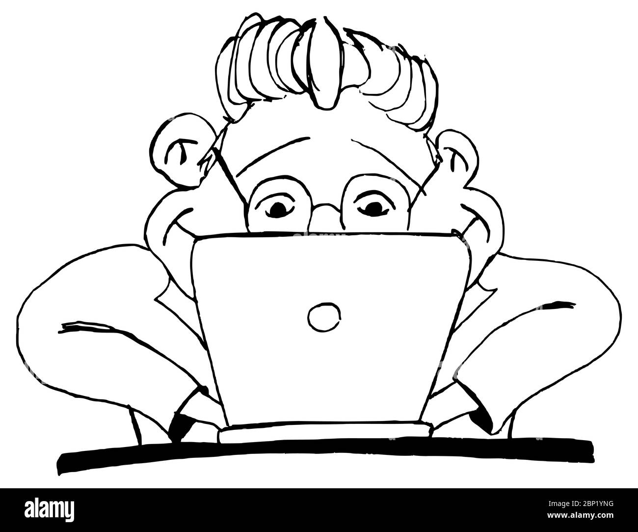 Personnage de dessin animé homme travaillant à son ordinateur pendant l'isolement du coronavirus COVID-19 épidémie #stayatome Banque D'Images