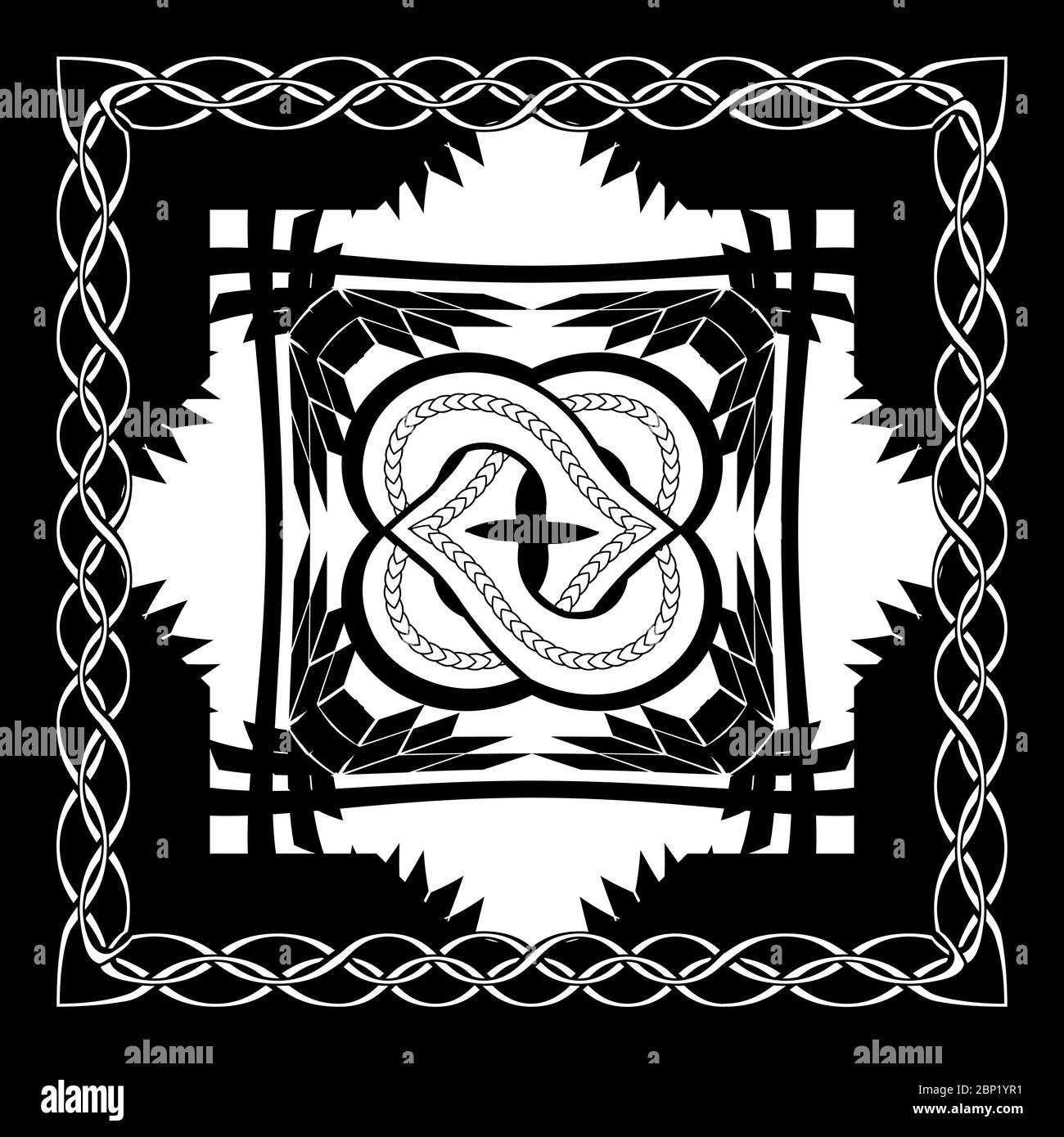 illustration gothique monochrome abstraite avec fleur nouée dans le carré noir encadré par une chaîne Illustration de Vecteur