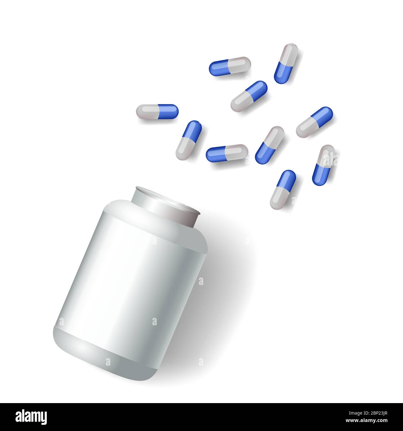 Capsules de pilules qui se déversent de la bouteille blanche blanche dans un style réaliste. Illustration de Vecteur