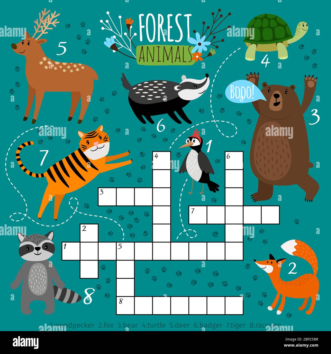 Mot clé à imprimer pour animaux. Jeu de jeu de puzzle préscolaire, apprentissage de l'anglais des enfants brainteaser avec les animaux de forêt, illustration vectorielle Illustration de Vecteur