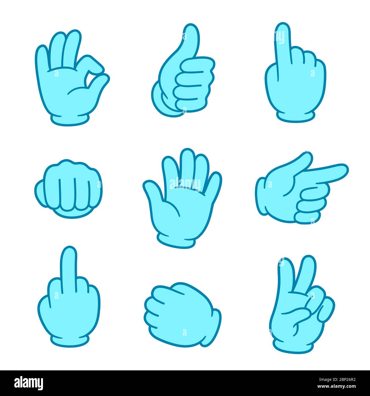 Ensemble de mains à dessin animé avec gants médicaux bleus. Les mains se branle, pointent, signalent et poings. Illustration de clip art vectoriel. Illustration de Vecteur