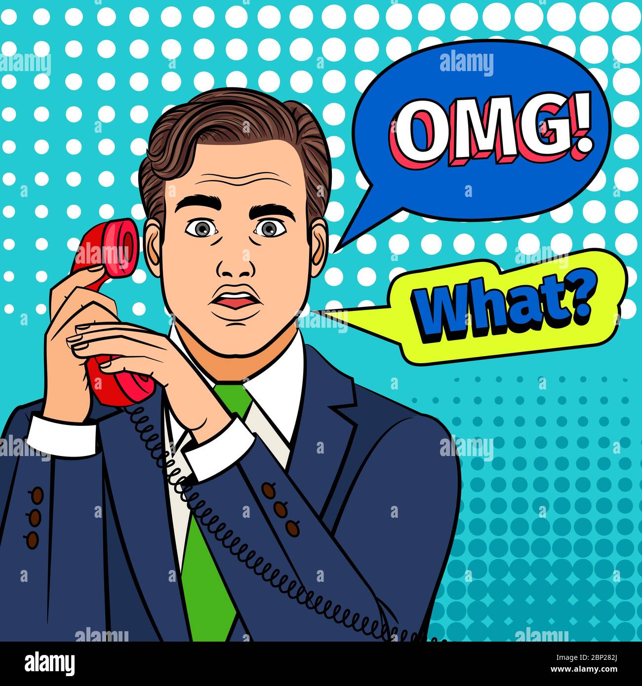 Pop art homme avec téléphone. Une clipart rétro surprit l'homme avec un visage époustouflant et un omg dans la bulle de texte de bande dessinée Illustration de Vecteur