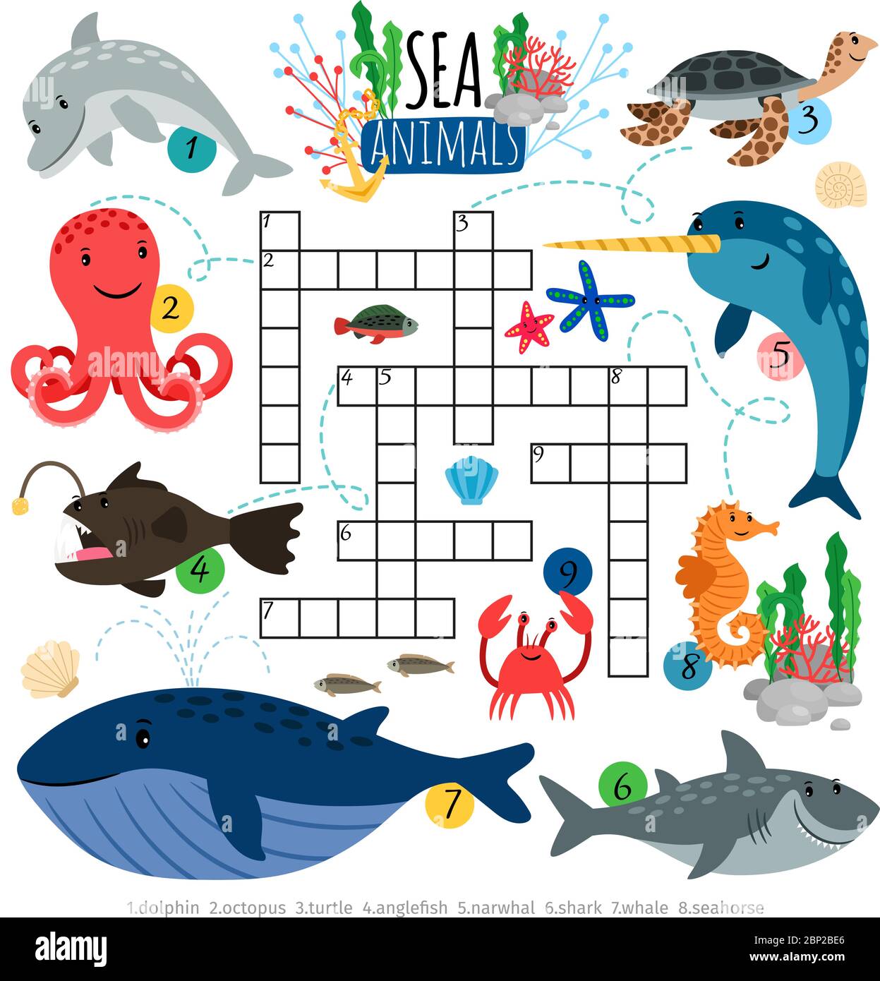 Mot clé de la mer. Jeu de mots croisés animaux de l'océan pour enfants,  casse-mots à casse-tête de vecteur avec dauphin et baleine, poulpe et  tortue Image Vectorielle Stock - Alamy