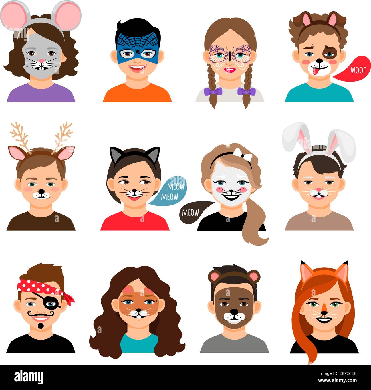 Peinture de visage pour enfants. Enfants avec peinture visages illustration vectorielle, face à des peintures comme le renard, tigre et masque de chat maquillage Illustration de Vecteur