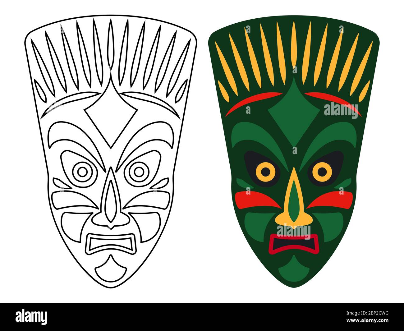 Masques tribaux africains, masques de couleur et de contour isolés sur fond blanc, illustration vectorielle Illustration de Vecteur