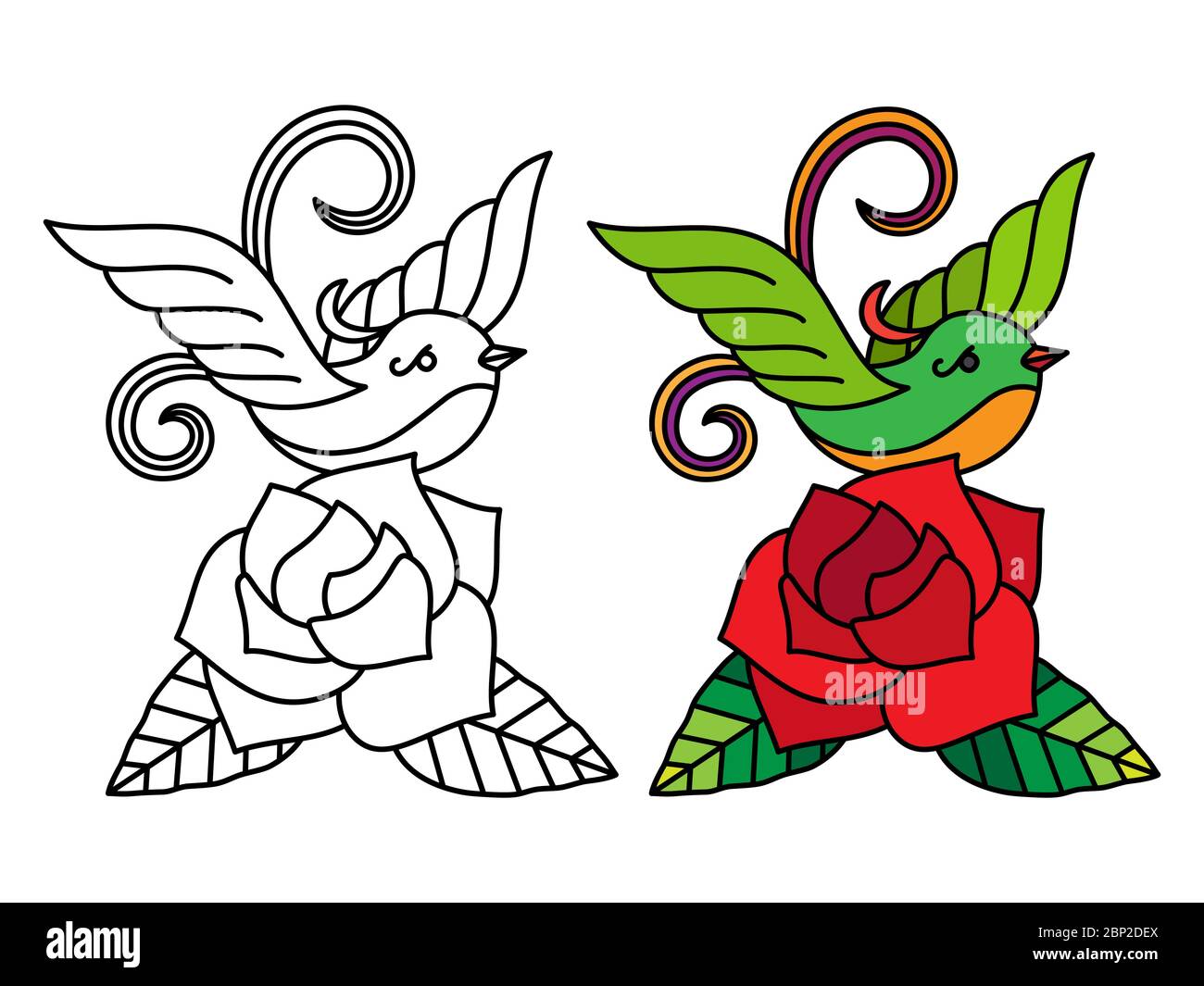 Oiseau avec rose isolé sur fond blanc. Ligne de fleurs et d'oiseaux pour colorer avec échantillon de couleur, illustration vectorielle Illustration de Vecteur