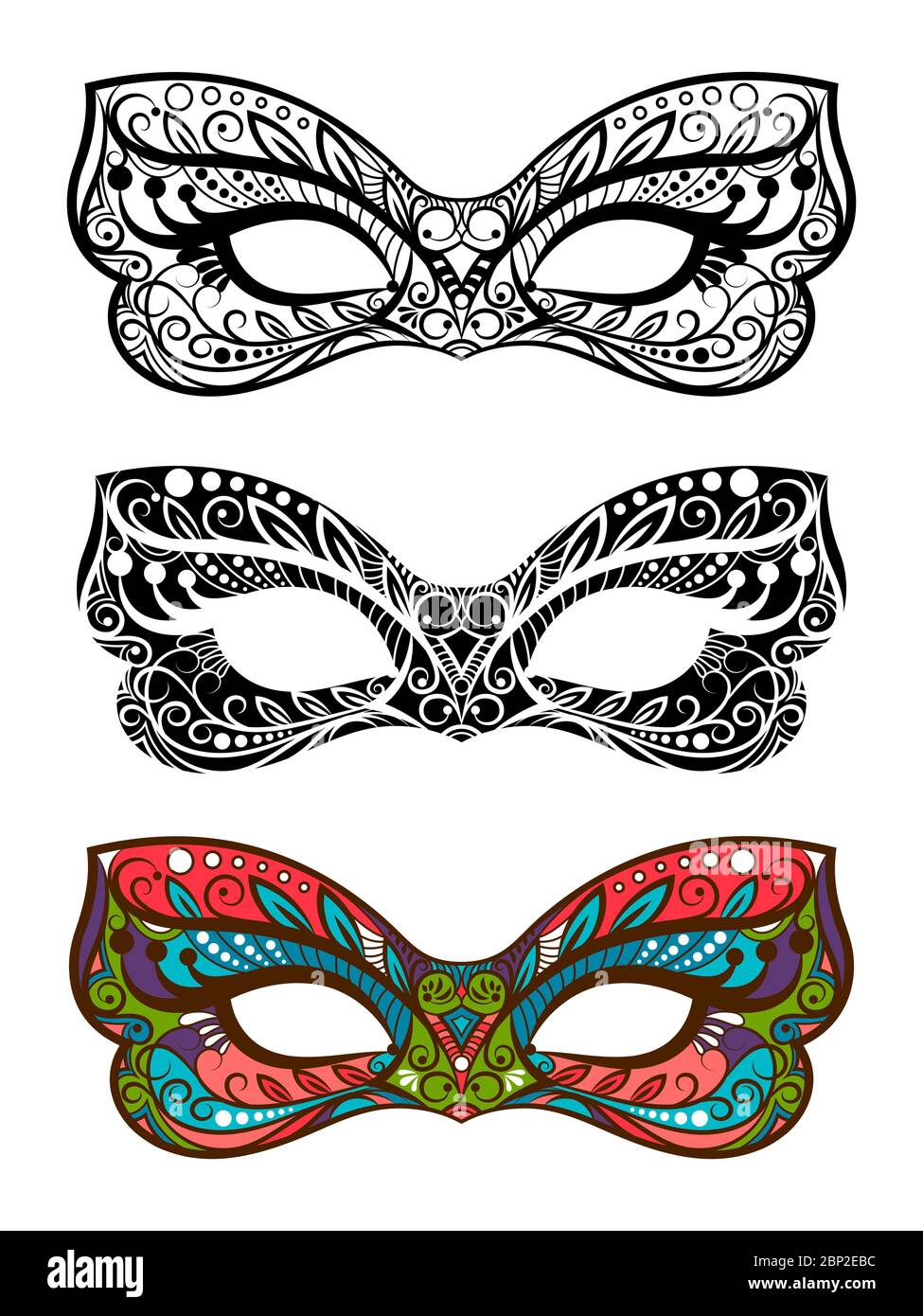 Ensemble de masques de fête à motif vectoriel. Masques de carnaval décoratifs isolés sur fond blanc Illustration de Vecteur