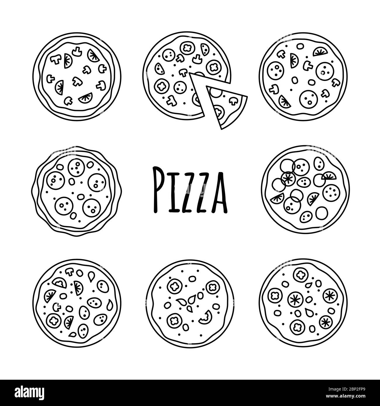 Ensemble de pizzas Line Icons. Grande collection de produits alimentaires rapides, illustration vectorielle Illustration de Vecteur