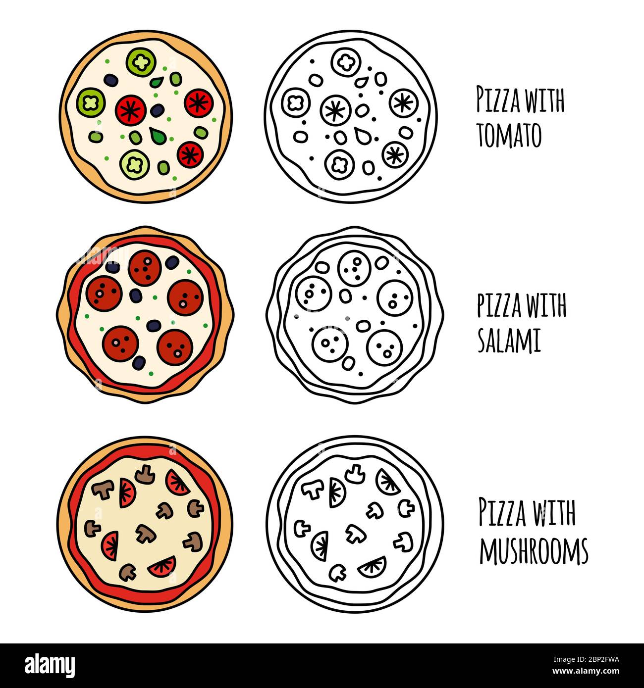 Menu pizza noir et blanc et icônes colorées collection de vecteurs Illustration de Vecteur