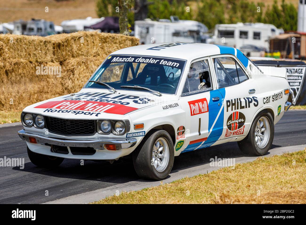 Rod Millen dans sa voiture de rallye Mazda RX3 1974. Banque D'Images