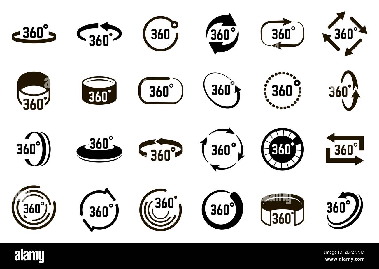 Symbole 360 degrés. Angle 360 degrés cercles signes, flèches de panorama éléments circulaires, cercle 360 degrés vecteur illustration icônes ensemble Illustration de Vecteur