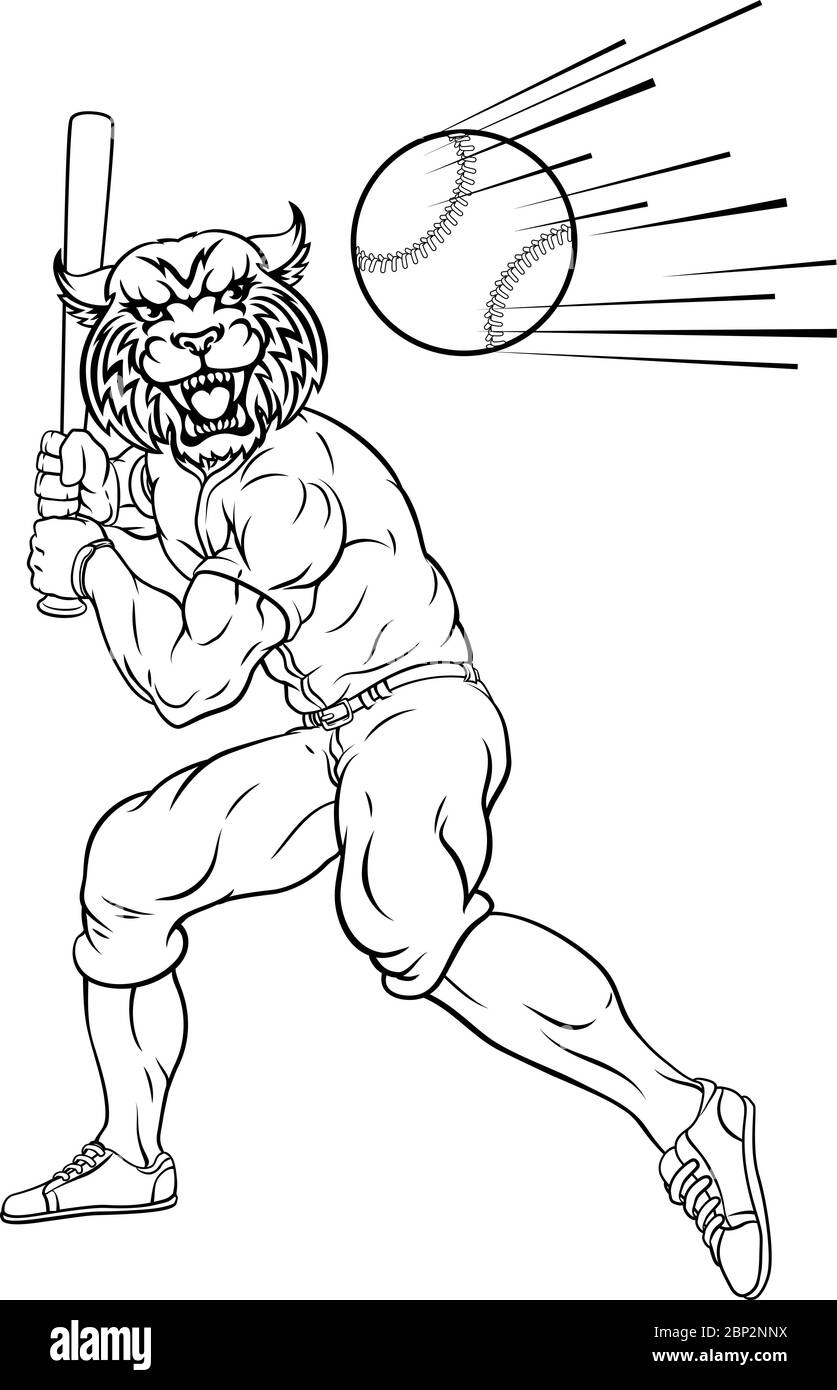Joueur de baseball Wildcat Mascot Swinging Bat Illustration de Vecteur