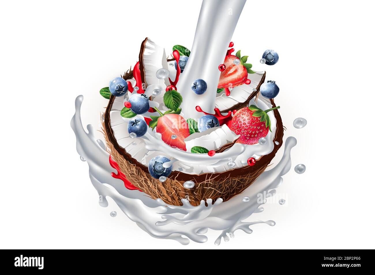 Lait et noix de coco tranchées avec baies dans une éclaboussure de lait. Illustration de Vecteur