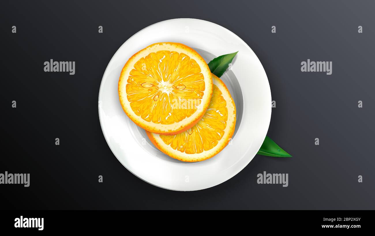 Deux tranches d'orange sur une plaque blanche. Illustration de Vecteur