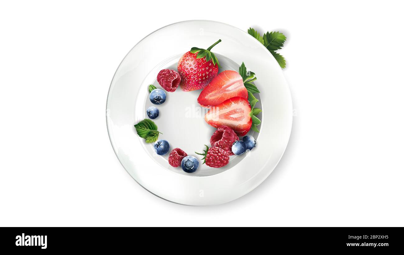 Composition des baies : fraises, framboises et bleuets sur une assiette blanche. Illustration de Vecteur