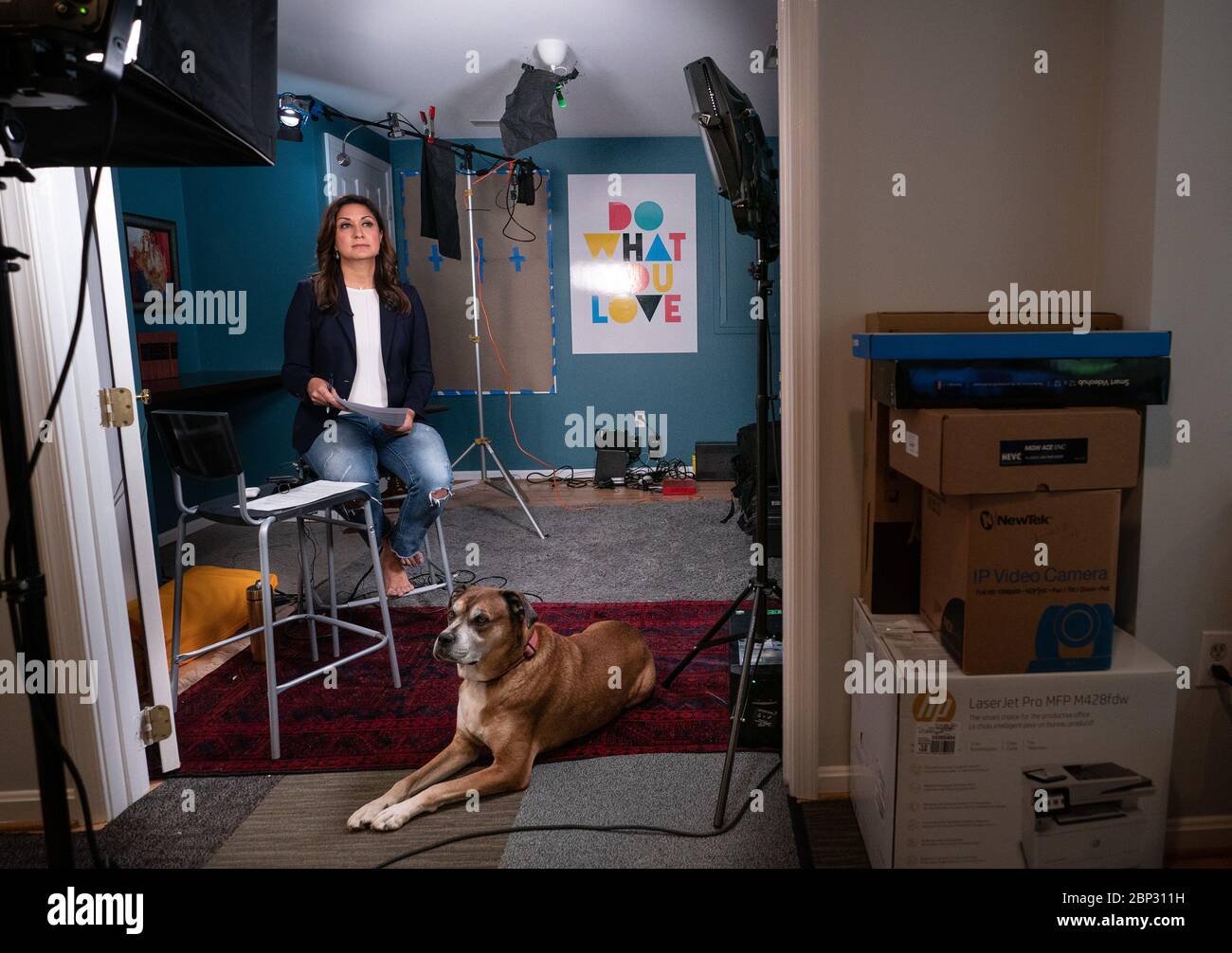 Washington, États-Unis. 17 mai 2020. Amna Nawaz, correspondante nationale senior et première suppléante de PBS NewsHour, enregistre un segment de nouvelles comme le chien de famille Elliott, se pose à ses pieds, à sa maison pendant la pandémie du coronavirus, à Alexandria, en Virginie, le jeudi 14 mai 2020. PBS, comme d'autres organismes de presse, ont fermé leurs studios principaux et mis en place leurs correspondants et ancres avec les studios à domicile pour aider à arrêter la propagation de COVID-19. Photo de Kevin Dietsch/UPI crédit: UPI/Alay Live News Banque D'Images