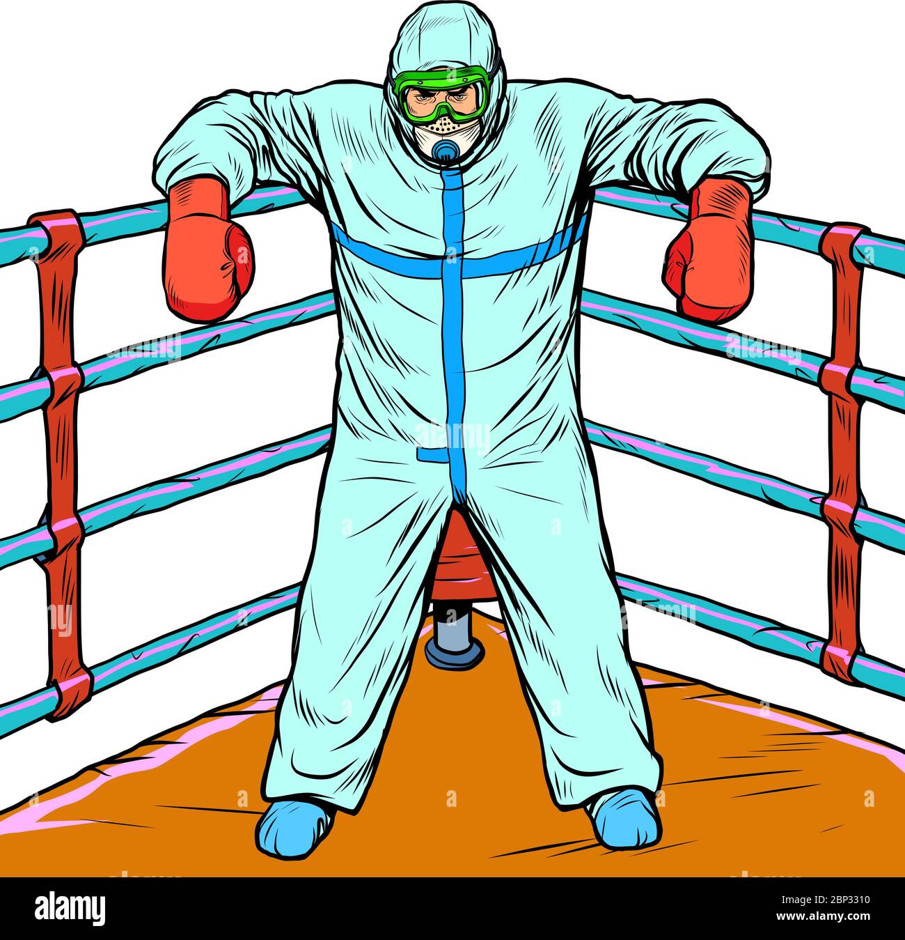 médecin en costume protecteur après la bataille. Traitement comme concept de boxe, épidémie Illustration de Vecteur