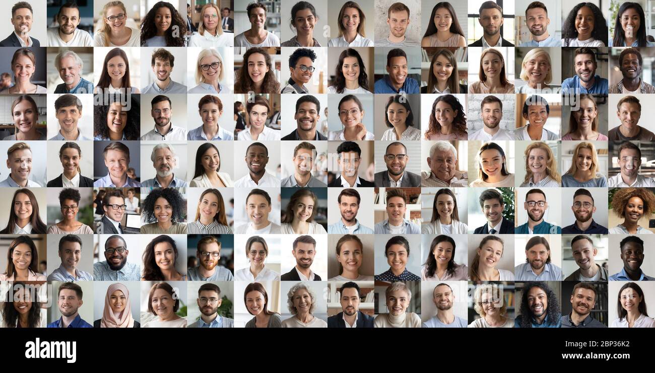La mosaïque de collage de nombreux heureux multiraciaux fait face à des portraits de tête Banque D'Images