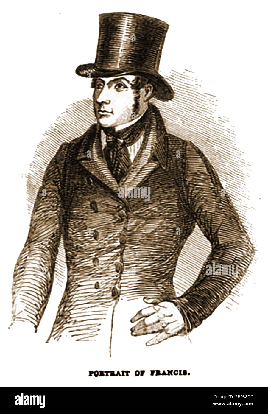 Un portrait de John Francis qui, en 1842, a fait deux tentatives infructueuses de meurtre de la reine Victoria dans sa charriot. En descendant dans le Mall, le Prince Albert a rapporté avoir vu « un peu, crasscal, peu sale, qui a l'air malpropre » pointer un pistolet sur eux et tirer sur la gâchette qui n'a pas tiré. Albert lui-même l'a signalé à la police. Le lendemain, des officiers de vêtements ordinaires étaient dans la foule quand un tir a sonné dehors pendant que le convoi a voyagé à travers les parcs. John Francis, un charpentier au chômage, a été condamné à être pendu et décapité – la reine Victoria a personnellement commué sa peine en transport vers l’Australie. Banque D'Images