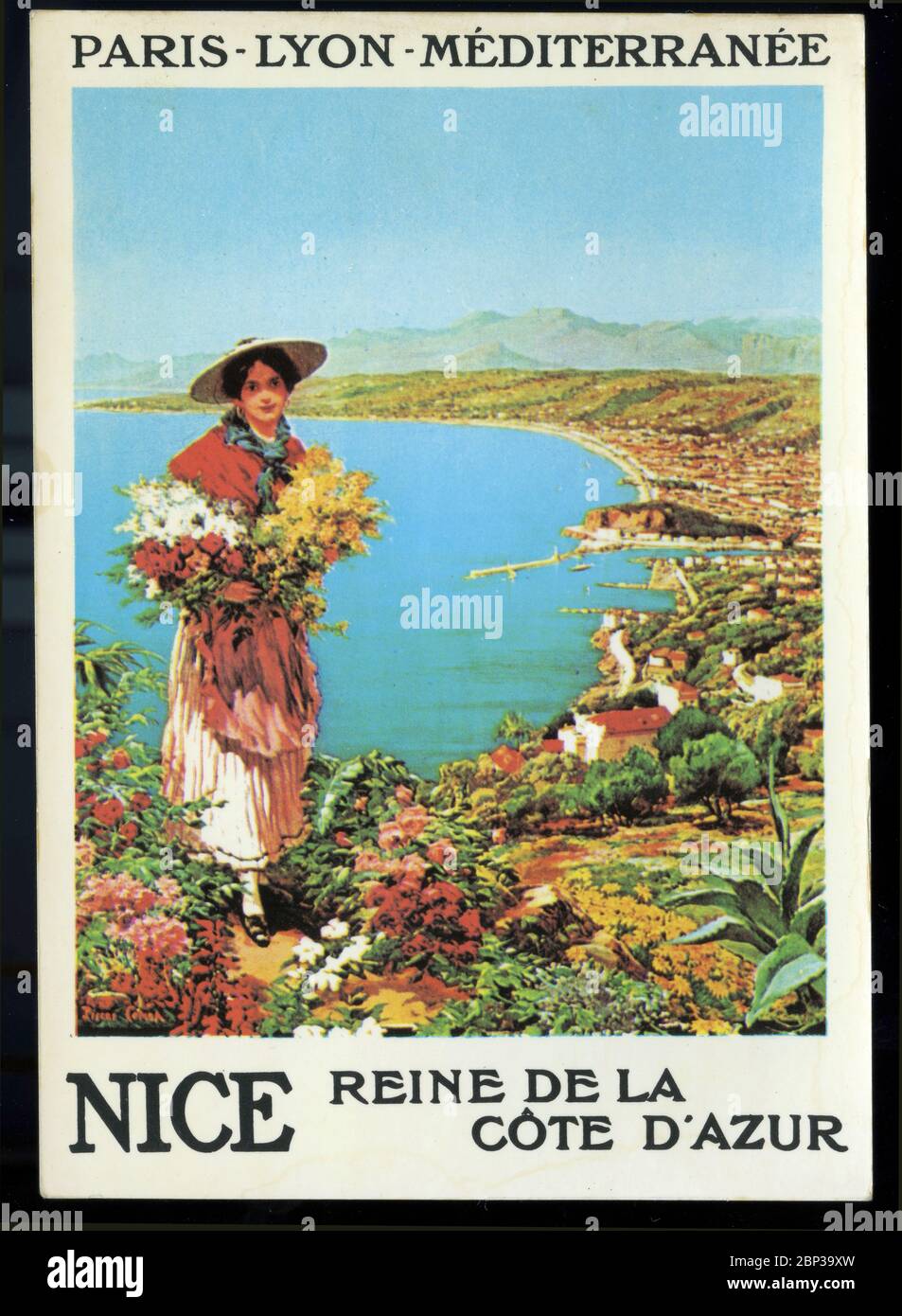 Affiche ancienne pour promouvoir les voyages à Nice sur la Côte d'Azur en France. Banque D'Images