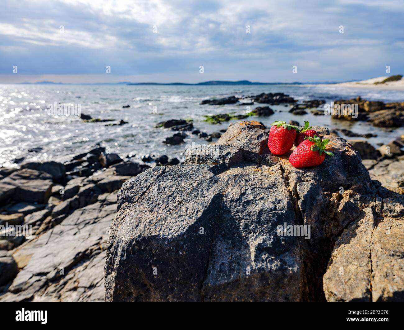 Fraises rouges avec fond de vagues, Porto Pino, Sant'Anna Arresi, Sardaigne, Italie Banque D'Images