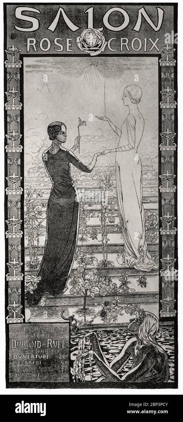 L'affiche pour le premier 'Palon Rose+Croix' de Carlos Schwabe (1866-1926), un peintre symboliste suisse est une œuvre symbolique importante du nouvel art idéaliste après avoir étudié l'art à Genève, Schwabe s'est déplacé à Paris en devenant l'un des plus importants illustrateurs de livres symbolistes. Banque D'Images