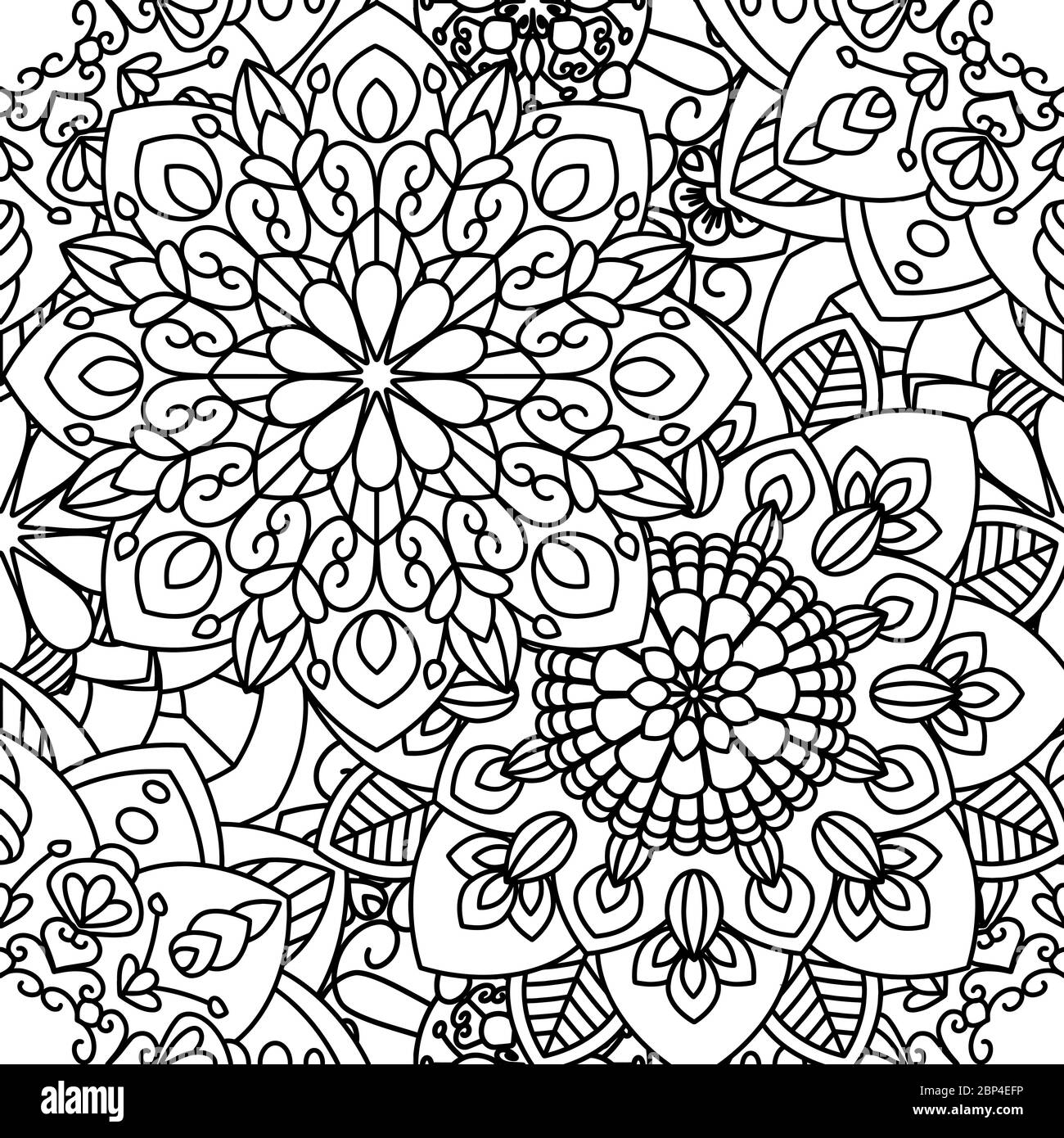 Mandala modèle ethnique sans couture. Page de coloration adulte. Arrière-plan de répétition noir et blanc. Illustration vectorielle. Illustration de Vecteur