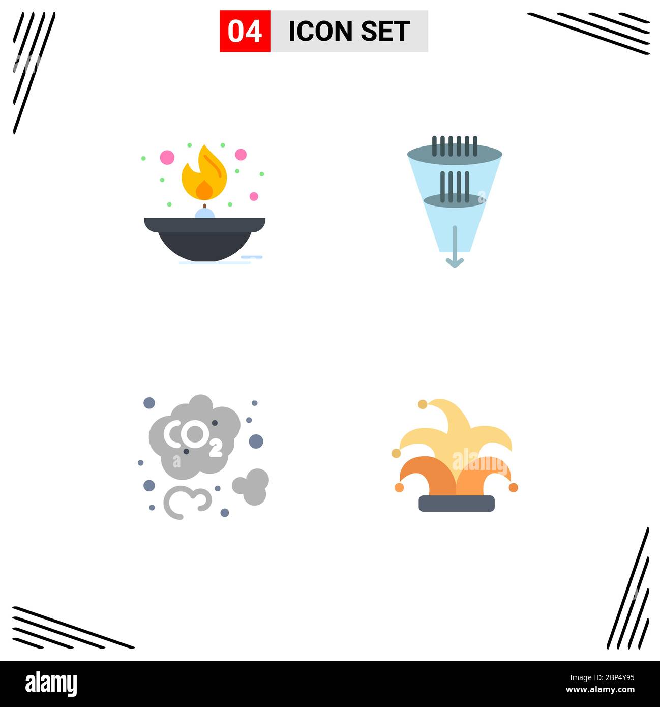 Lot de 4 icônes créatives plates de lumière, entonnoir, lampe, filtre, éléments de conception vectoriels modifiables au dioxyde de carbone Illustration de Vecteur