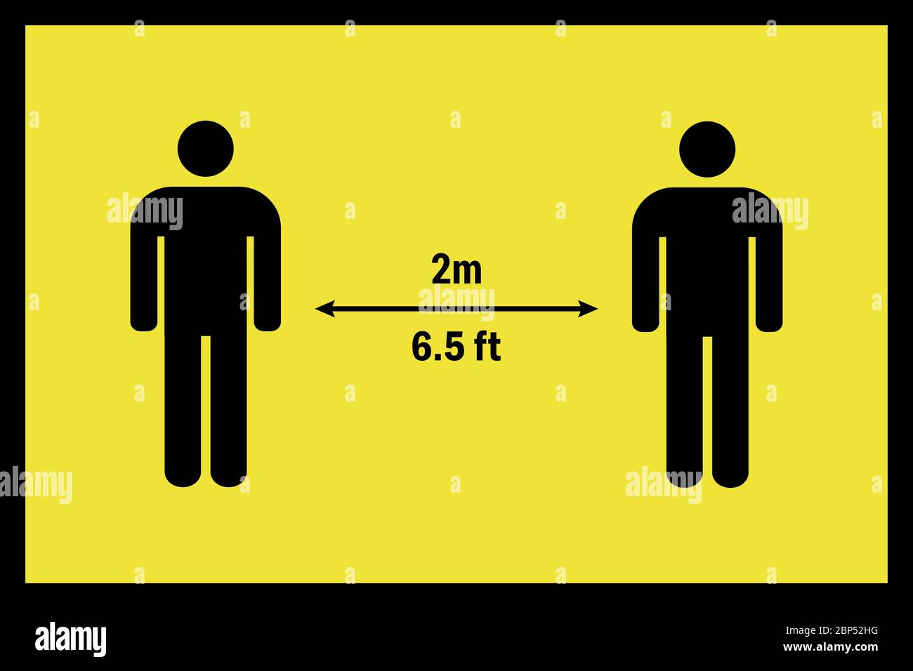 distance de 2 mètres (6.5 pieds) du coronavirus pour réduire le risque d'infection. Panneau d'avertissement. Noir sur fond jaune. Illustration de Vecteur