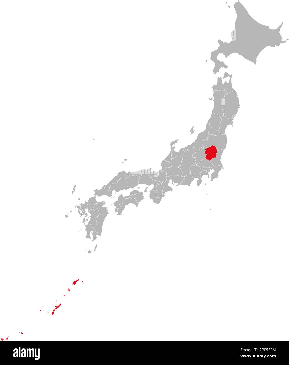 Province d'Okinawa mise en évidence en rouge sur la carte du Japon. Fond gris. Concepts et antécédents professionnels. Illustration de Vecteur