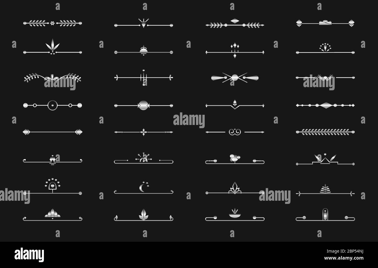 Séparateur de ligne argentée sur noir. Saut de texte métallique. Élément décoratif graphique pour la page de livre de design, carte d'invitation de mariage, menu rétro, décor élégant art déco. Illustration vectorielle isolée Illustration de Vecteur