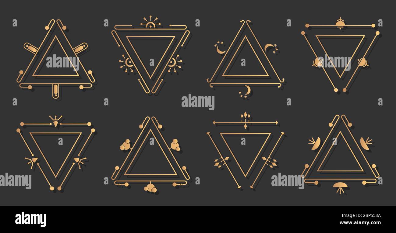 Cadre en tricorne doré décoratif élégant ensemble décoratif. Bordure trigonale graphique vintage pour monogrammes, texte mariage carte d'invitation certificat cadres triangulaires isolés sur l'illustration noire vectorielle Illustration de Vecteur