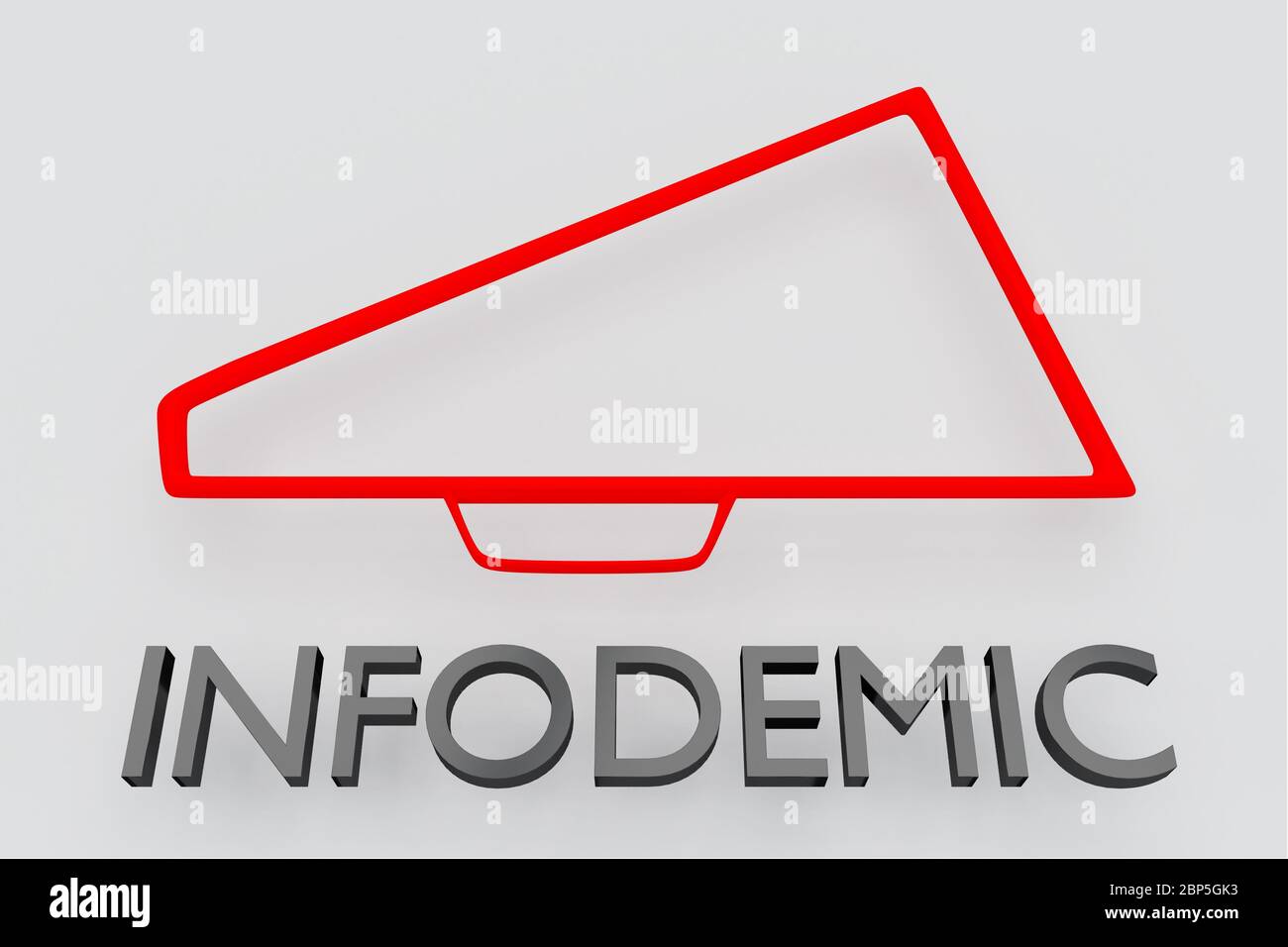 Illustration 3D du titre INFODIMIC sous une silhoulette de haut-parleur, isolée sur fond gris. Banque D'Images
