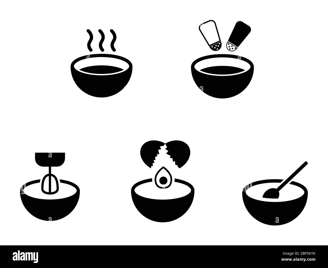 Bol ensemble de cuisine. Divers bols représentant la soupe chaude sel poivre assaisonnement mélange fouetter la craquage des oeufs et remuer. EPS vectoriel noir et blanc Illustration de Vecteur