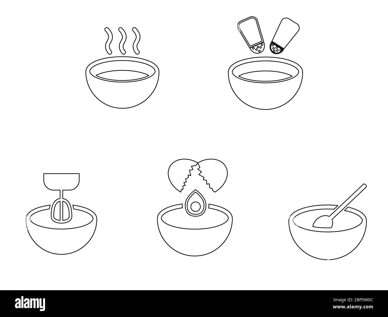 Ensemble de contour de cuisine pour bol. Divers bols représentant la soupe chaude sel poivre assaisonnement mélange fouetter la craquage des oeufs et remuer. EPS noir et blanc étendu Illustration de Vecteur