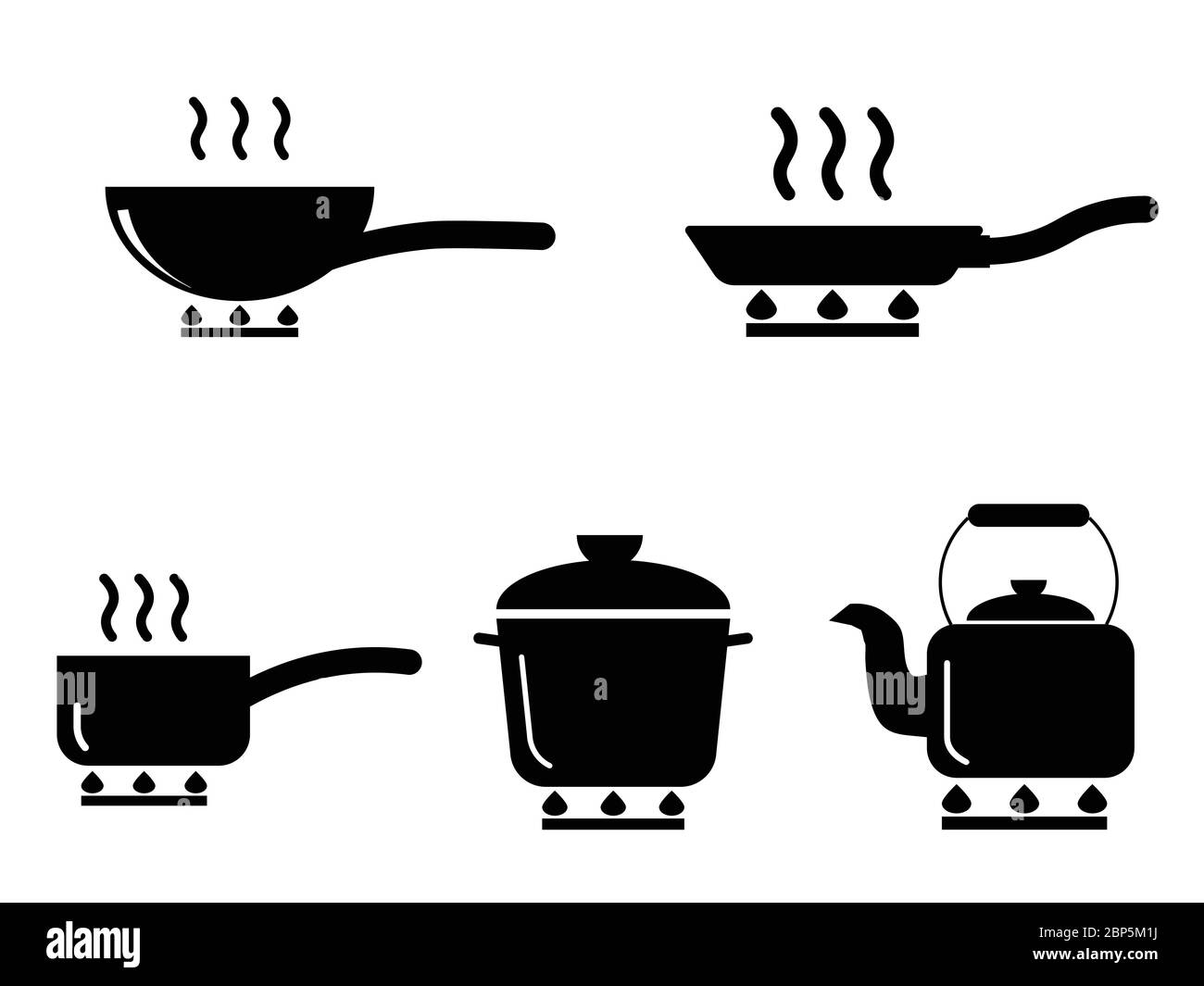 Ensemble de casseroles et de casseroles. Diverses icônes représentant la cuisson ustensile casserole bouilloire sur feu de poêle. Vecteur EPS noir et blanc étendu Illustration de Vecteur