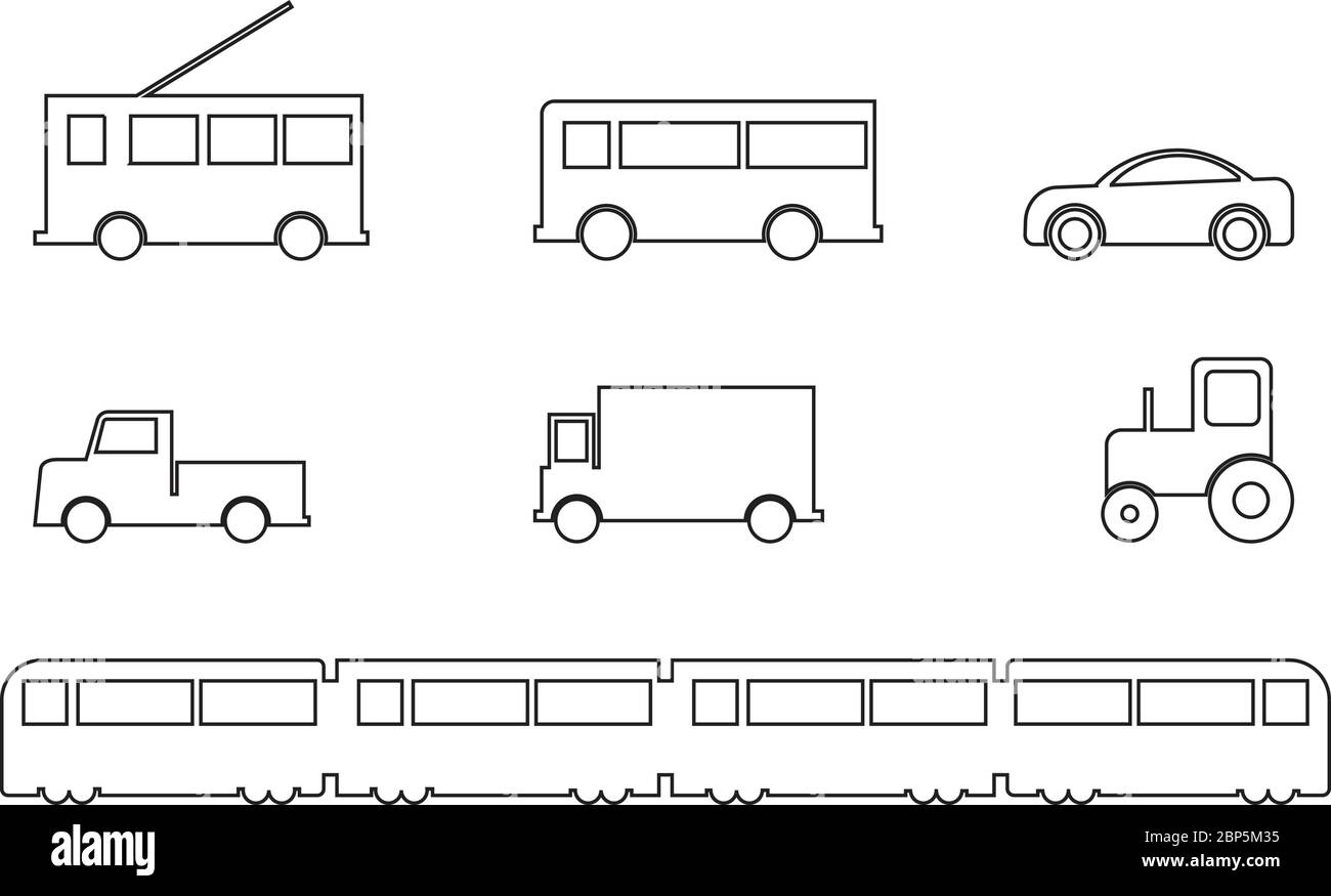 Définition des véhicules de transport terrestre. Un ensemble de véhicules au sol. Bus Trap car camion tracteur train. Vecteur EPS noir et blanc étendu Illustration de Vecteur