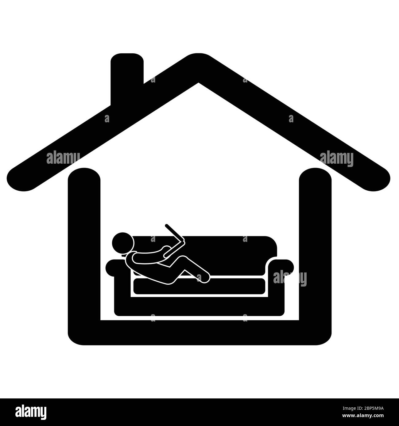 Travailler à domicile. Pictogramme représentant un homme travaillant à la maison se détendre sur un canapé à l'aide d'un ordinateur portable. Vecteur eps noir et blanc Illustration de Vecteur