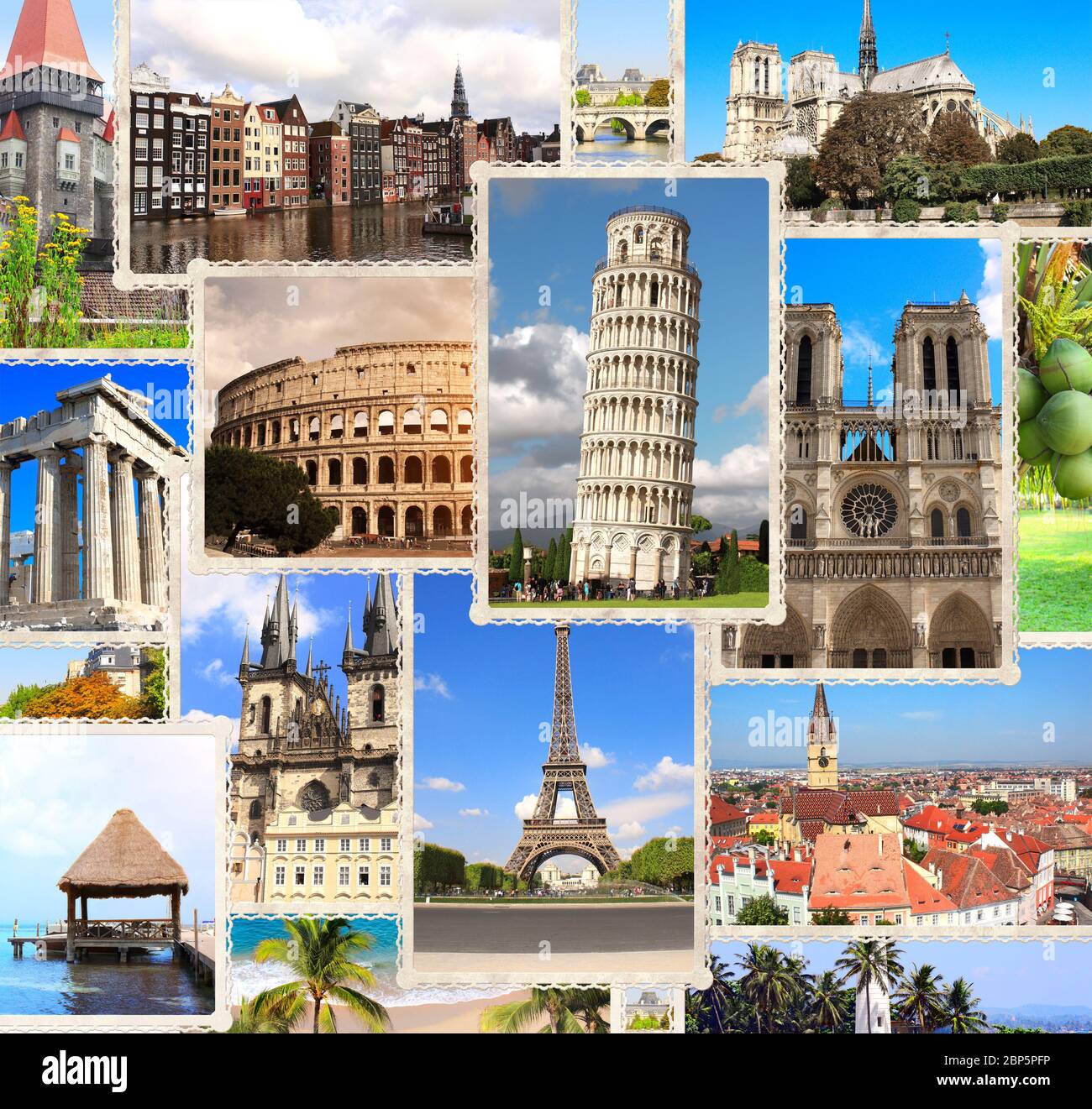 Arrière-plan de voyage Vintage Retro avec photos de monuments européens ...