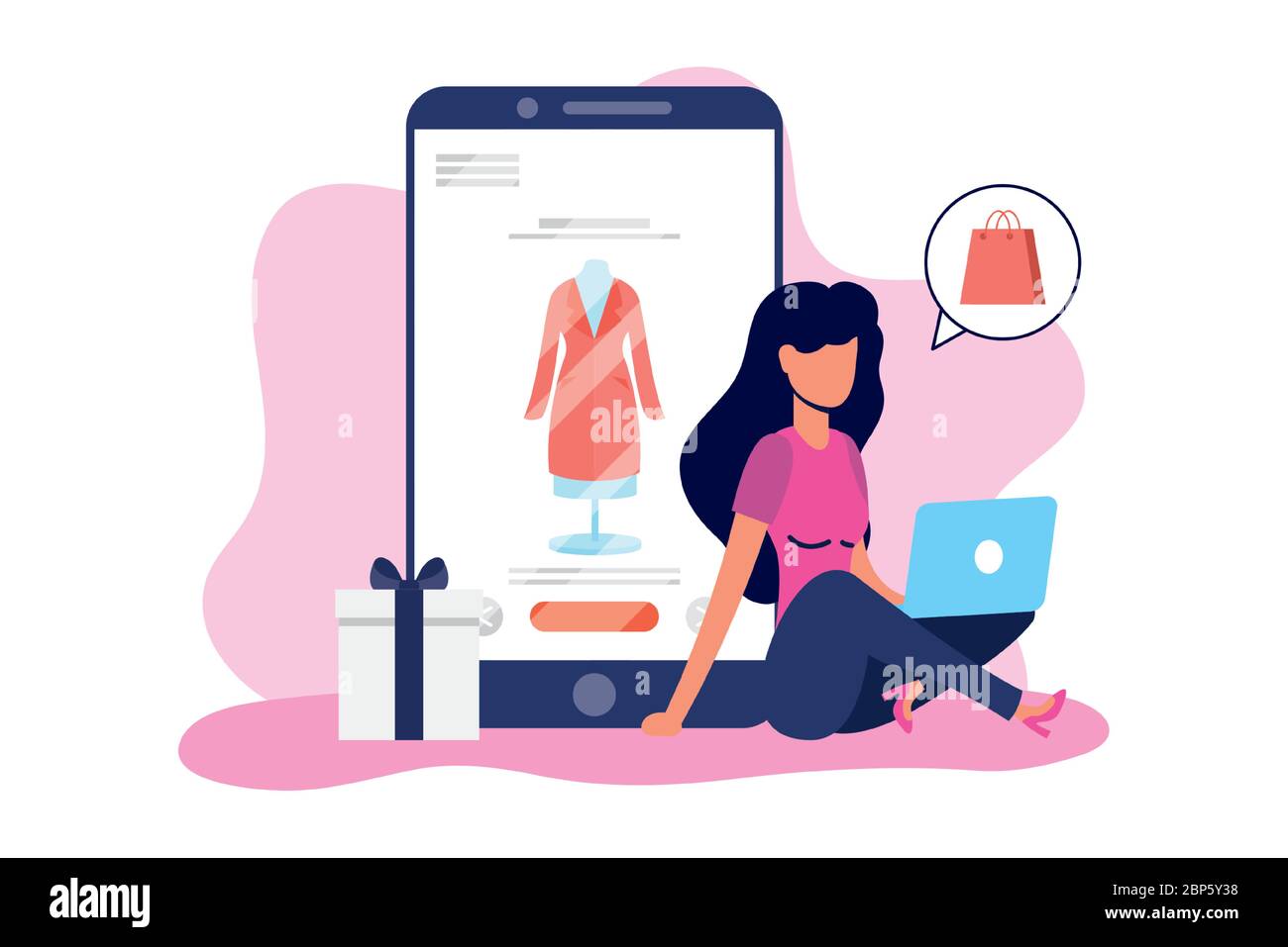 femme utilisant la technologie en ligne de shopping dans un smartphone et un ordinateur portable Illustration de Vecteur