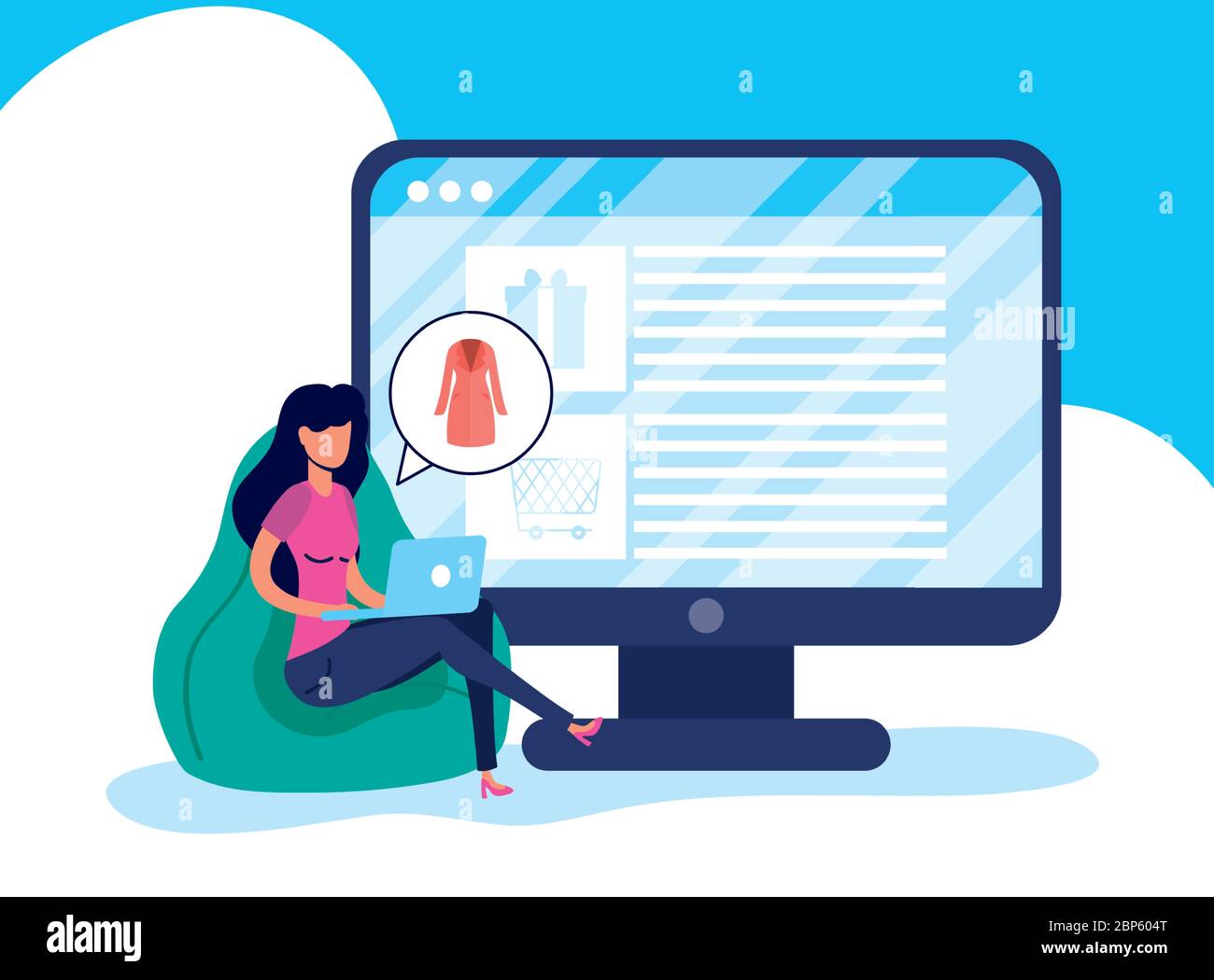femme utilisant la technologie en ligne de shopping dans l'ordinateur portable et de bureau Illustration de Vecteur