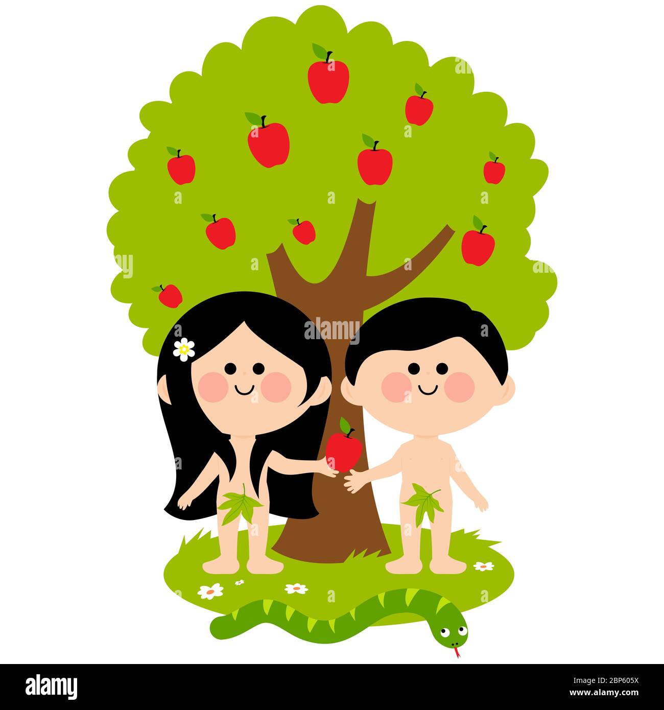Adam, Eve et le serpent sous un pommier dans le jardin au paradis. Eve donnant une pomme à Adam. Scène de l'histoire biblique. Christianisme et religion. Banque D'Images