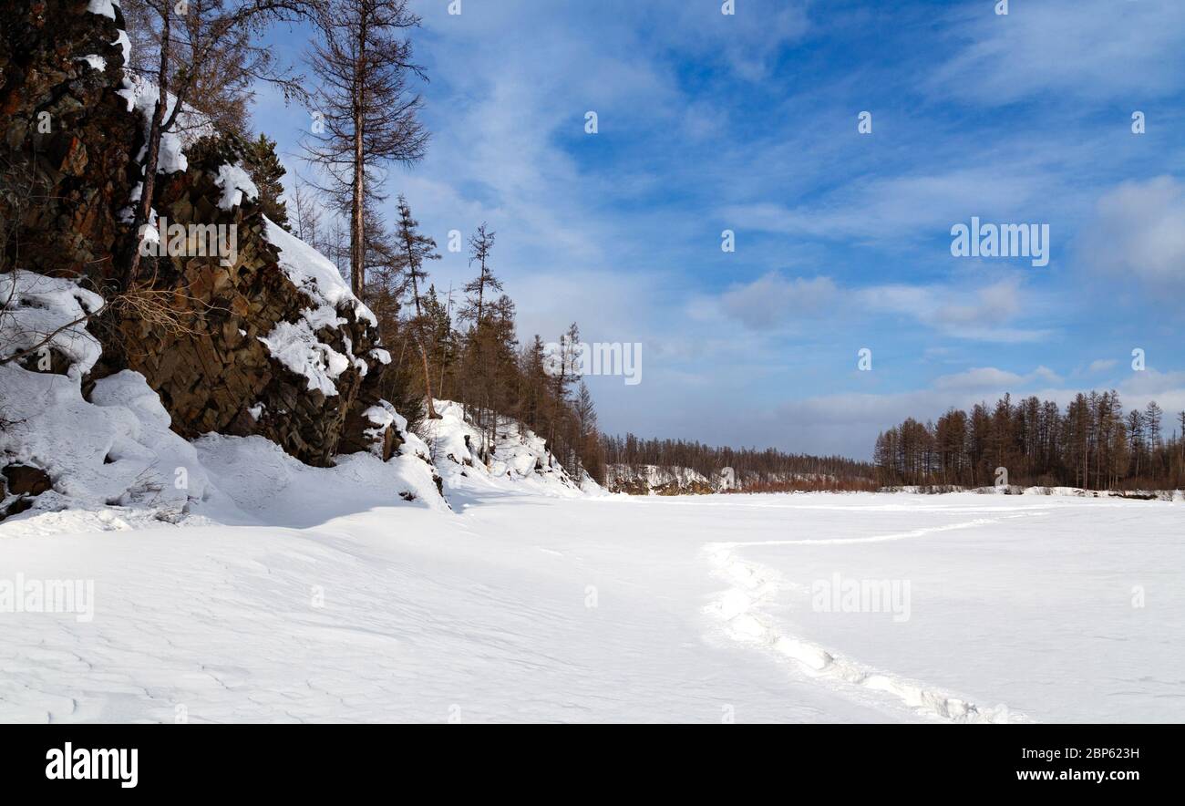 Paysage d'hiver de la vallée de la rivière Chulman dans le sud de Yakutia, Russie. Empreintes de pas dans la neige. Banque D'Images