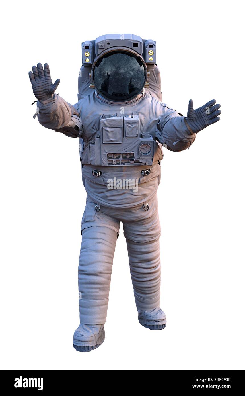 l'astronaute s'est fait le signe de la spéléologie, isolé sur fond blanc Banque D'Images