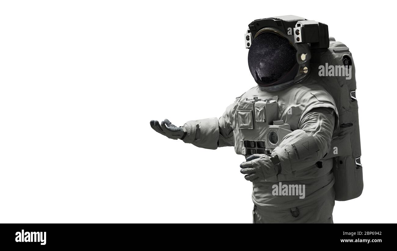 astronaute présentant un espace vide isolé sur fond blanc Banque D'Images