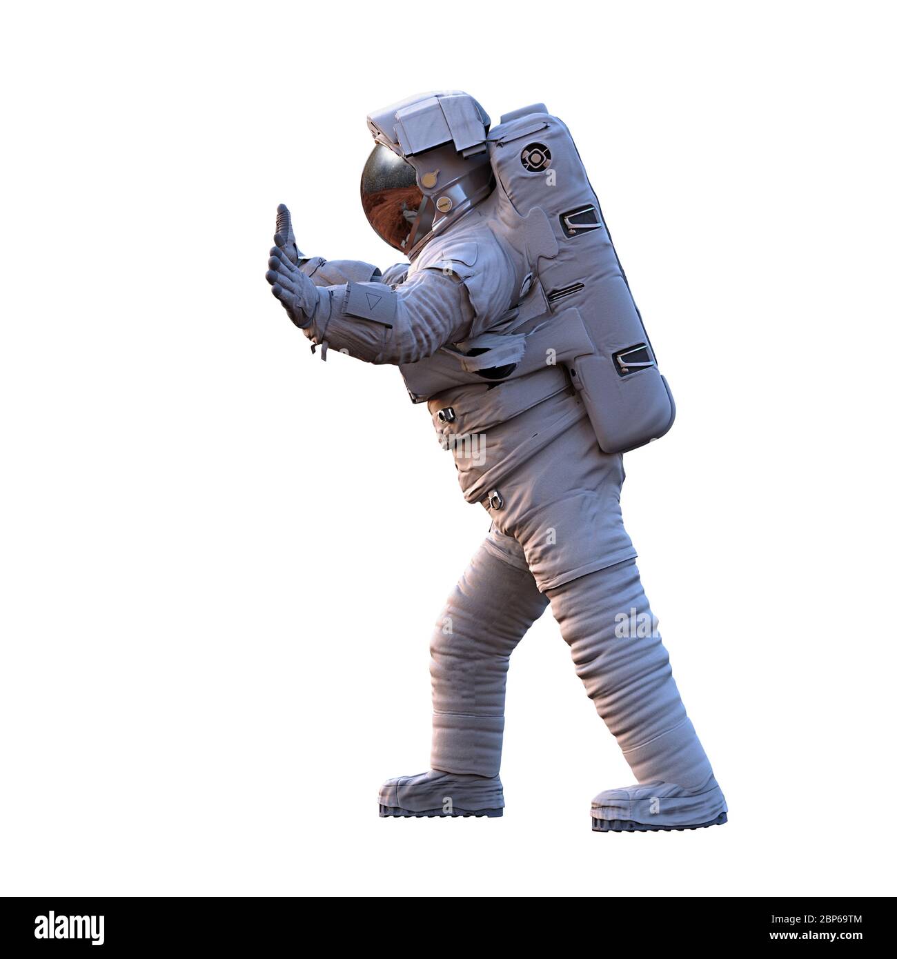astronaute poussant un espace vide isolé sur fond blanc Banque D'Images