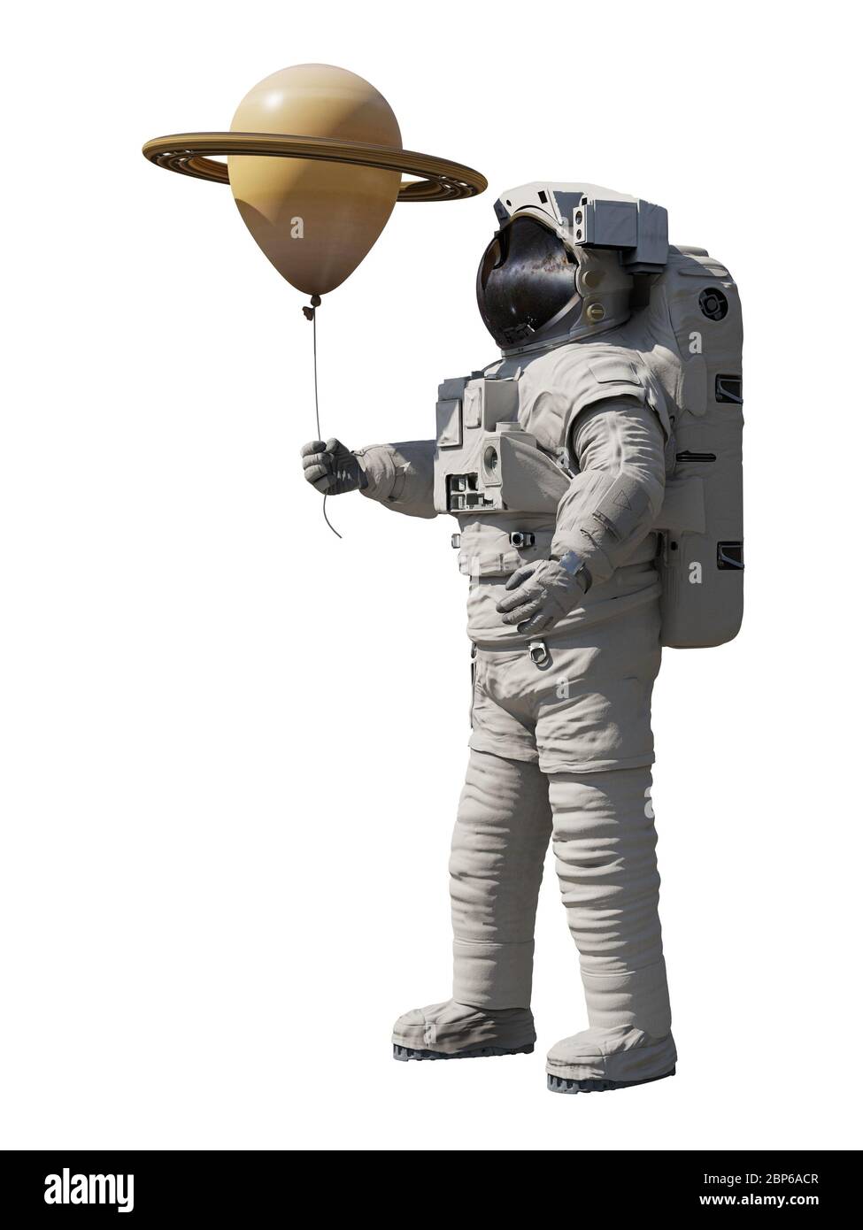 Astronaute avec ballon planète Saturne isolé sur fond blanc Banque D'Images