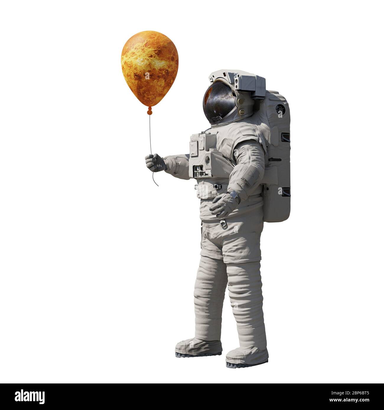 Astronaute avec ballon planète Vénus isolé sur fond blanc Banque D'Images