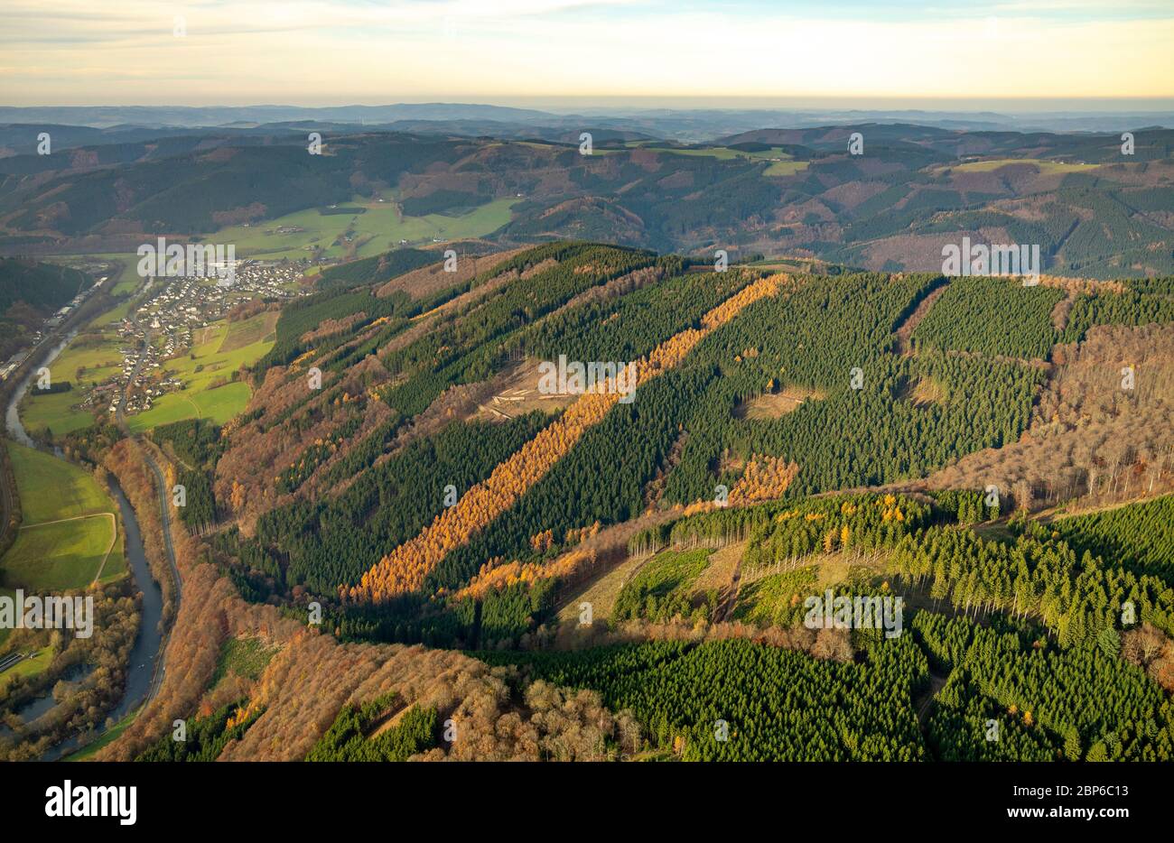 Vue aérienne, dommages forestiers à Finnentrop, forêt mixte avec dommages forestiers, Finnentrop, pays aigre, Rhénanie-du-Nord-Westphalie, Allemagne Banque D'Images