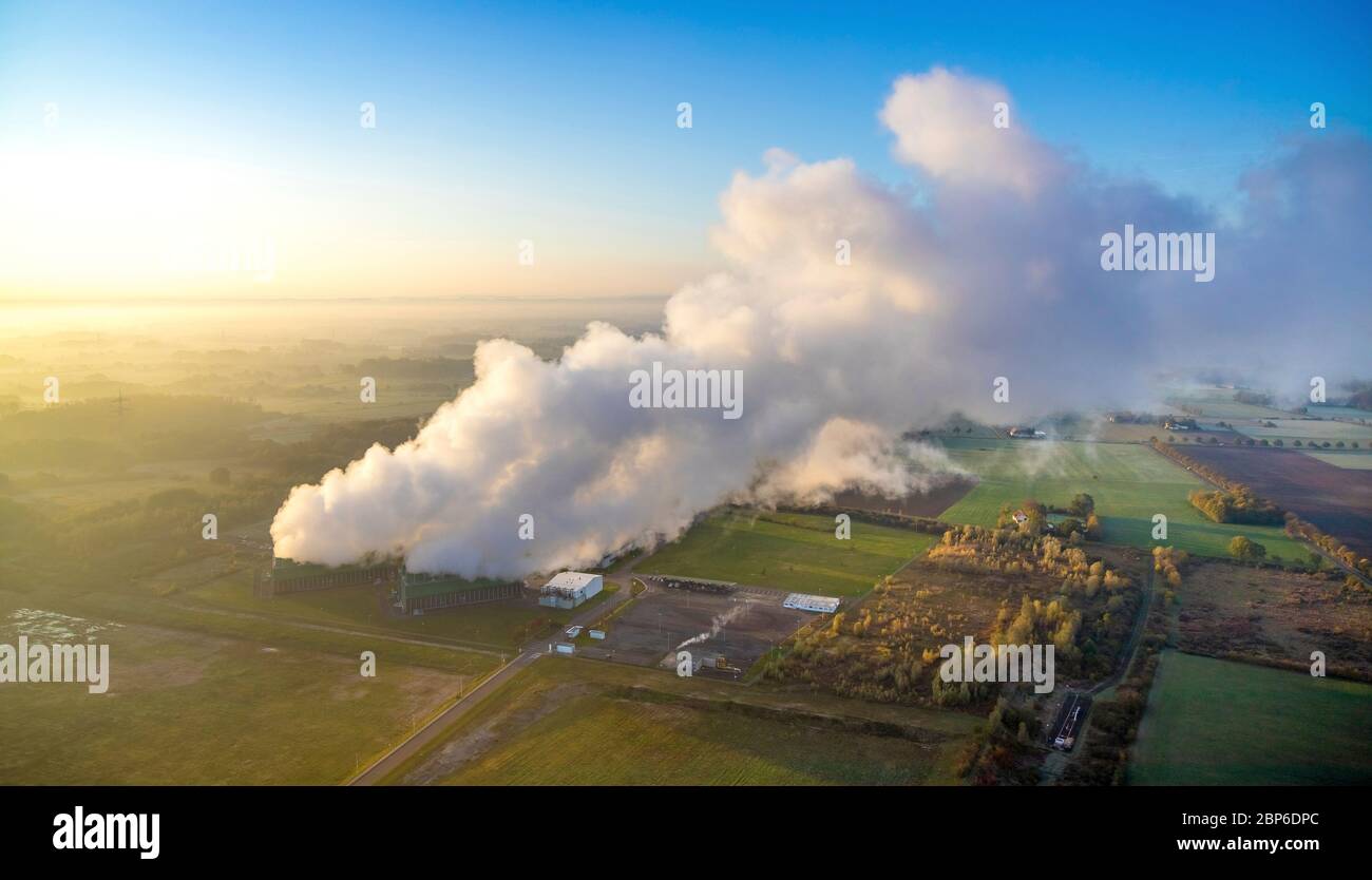 Vue aérienne, centrale à turbine à gaz, GUD, Trianel, émission, air d'échappement de refroidissement, impression matinale, face au ciel bleu et à la fumée de centrale, tour de refroidissement, Hamm, région de la Ruhr, Rhénanie-du-Nord-Westphalie, Allemagne Banque D'Images